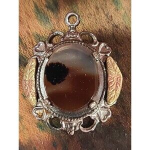 Vintage 1940s Designer LSP Co Mossy Agate Agate 12k Gold Sterling Silver Pendant